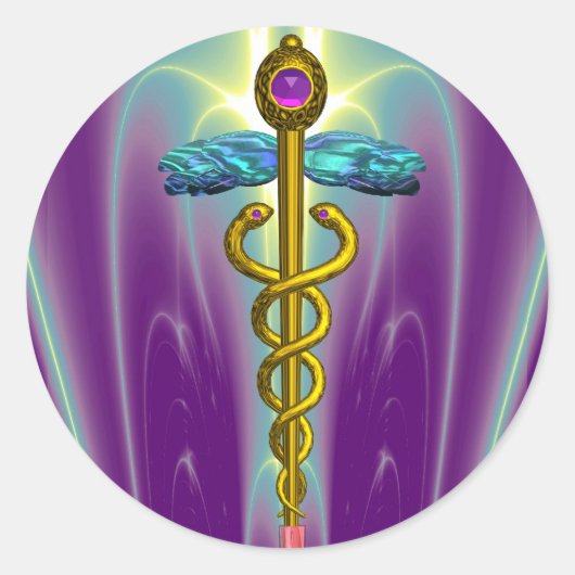 GOLDEN CADUCEUS Medical Symbool Vibrant Paars Ronde Sticker (Voorkant)