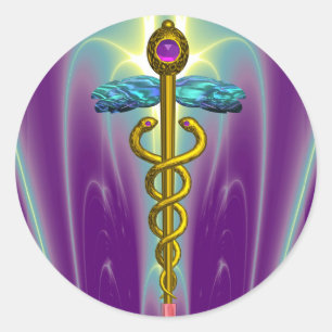 GOLDEN CADUCEUS Medical Symbool Vibrant Paars Ronde Sticker