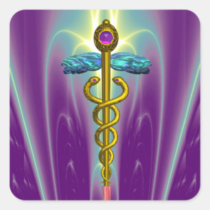 GOLDEN CADUCEUS Medical Symbool Vibrant Paars Vierkante Sticker