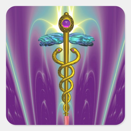 GOLDEN CADUCEUS Medical Symbool Vibrant Paars Vierkante Sticker (Voorkant)