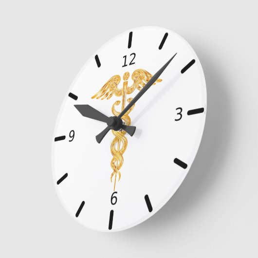 Golden Caduceus op witte Ronde Klok (Hoek)