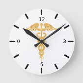 Golden Caduceus op witte Ronde Klok (Voorkant)