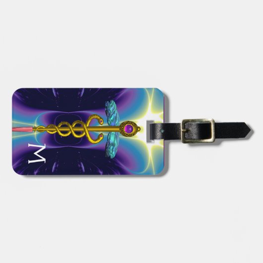 GOLDEN CADUCEUS SYMBOL MONOGRAM Paars blauw Bagagelabel (Voorkant horizontaal)