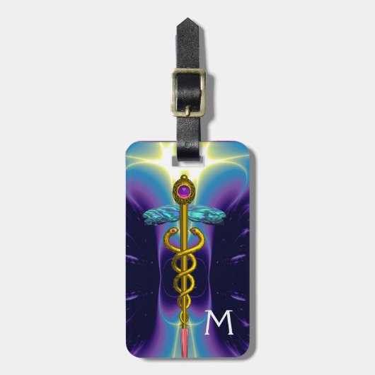 GOLDEN CADUCEUS SYMBOL MONOGRAM Paars blauw Bagagelabel (Voorkant verticaal)
