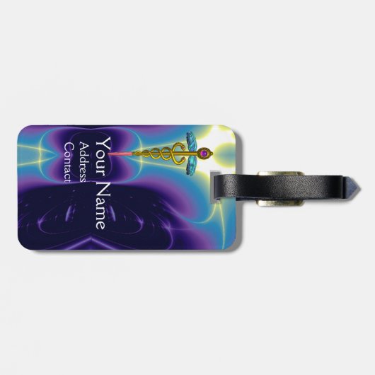 GOLDEN CADUCEUS SYMBOL MONOGRAM Paars blauw Bagagelabel (Achterkant horizontaal)