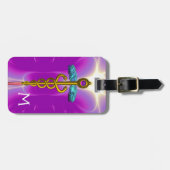GOLDEN CADUCEUS SYMBOL MONOGRAM Pink Fuchsia Bagagelabel (Voorkant horizontaal)