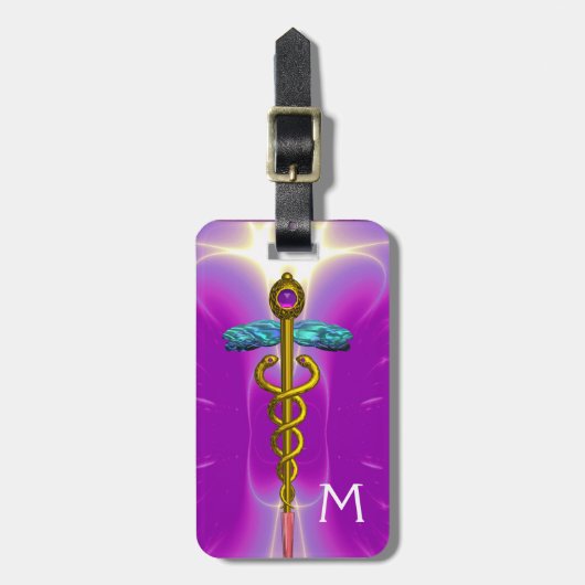 GOLDEN CADUCEUS SYMBOL MONOGRAM Pink Fuchsia Bagagelabel (Voorkant verticaal)