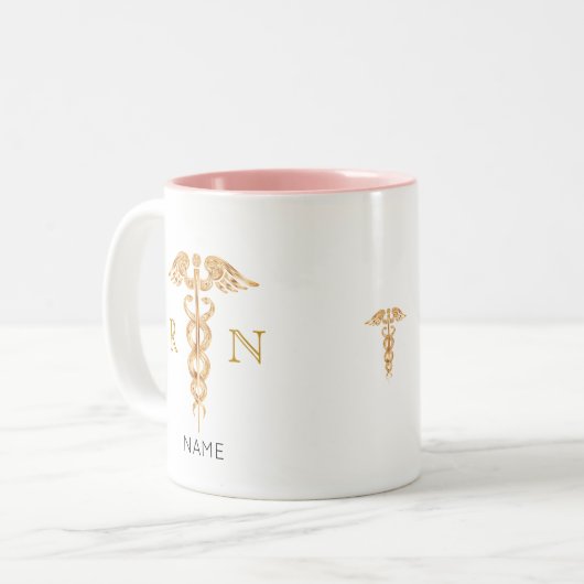 Golden Caduceus-symbool & geregistreerd zurenmonog Tweekleurige Koffiemok (Voorkant links)