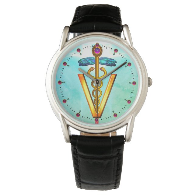 GOLDEN CADUCEUS VETERINAIR SYMBOL Aqua Blue Green Horloge (Voorkant)