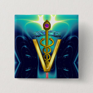GOLDEN CADUCEUS VETERINAIR SYMBOL/Blue Turquoise Vierkante Button 5,1 Cm