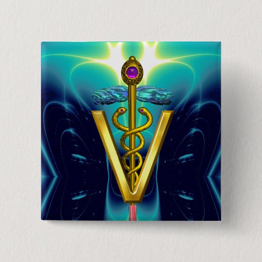 GOLDEN CADUCEUS VETERINAIR SYMBOL/Blue Turquoise Vierkante Button 5,1 Cm (Voorkant)