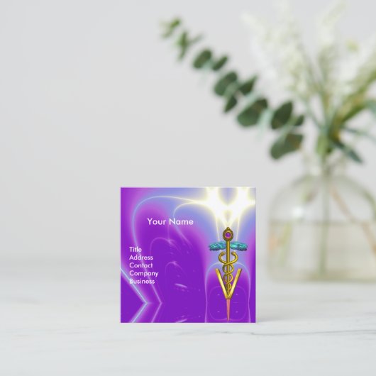 GOLDEN CADUCEUS VETERINAIR SYMBOL Paars Blue Vet Vierkante Visitekaartje (Staand voorkant)