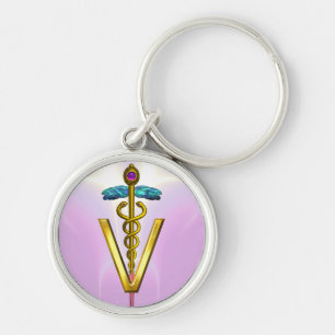 GOLDEN CADUCEUS VETERINAIR SYMBOL Roze Wit Sleutelhanger