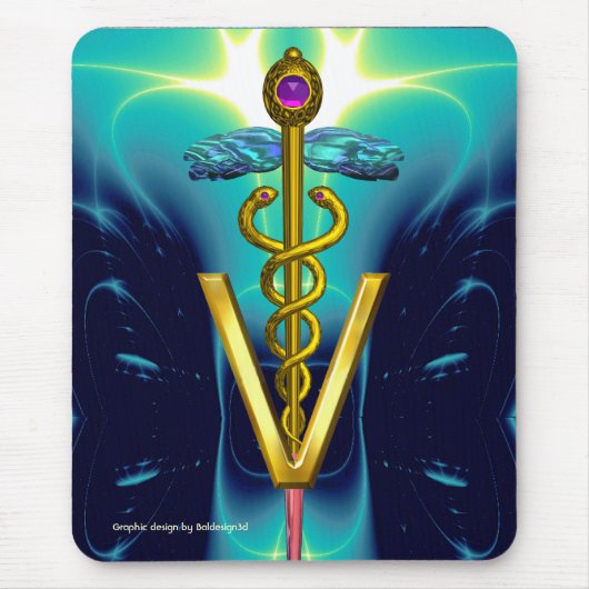 GOLDEN CADUCEUS VETERINAIR SYMBOOL / Aqua Blue Bla Muismat (Voorkant)