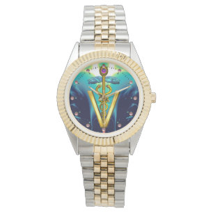 GOLDEN CADUCEUS VETERINAIR SYMBOOL/Aqua Blue,Blauw Horloge