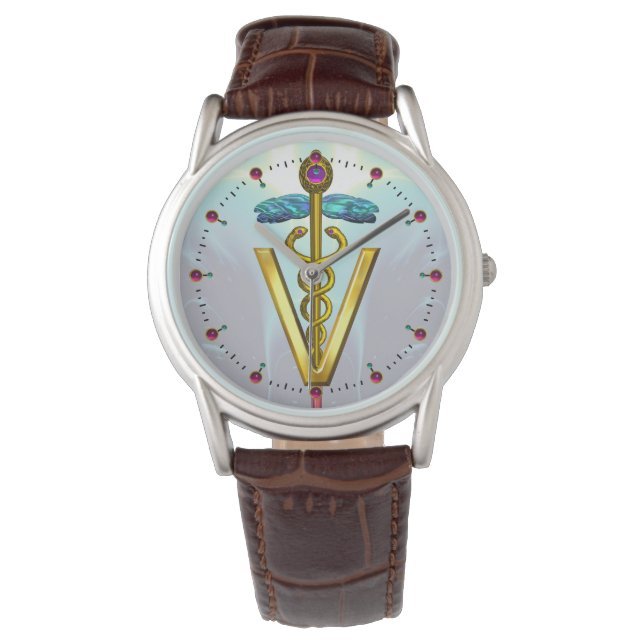 GOLDEN CADUCEUS VETERINAIR SYMBOOL / Aqua Blue Horloge (Voorkant)