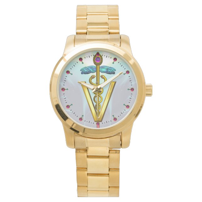 GOLDEN CADUCEUS VETERINAIR SYMBOOL / Aqua Blue Horloge (Voorkant)