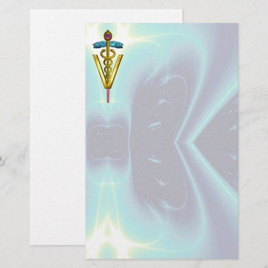 GOLDEN CADUCEUS VETERINAIR SYMBOOL / Blauwgroen bl Briefpapier (Voorkant / Achterkant)