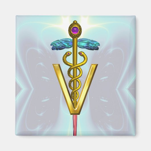 GOLDEN CADUCEUS VETERINAIR SYMBOOL Blauwgroen blau Magneet (Voorkant)