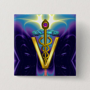 GOLDEN CADUCEUS VETERINAIR SYMBOOL / Paars blauw Vierkante Button 5,1 Cm
