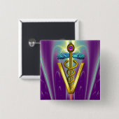 GOLDEN CADUCEUS VETERINAIR SYMBOOL/Paars groen Vierkante Button 5,1 Cm (Voorkant /achterkant)