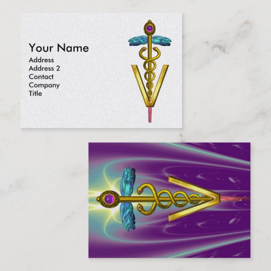 GOLDEN CADUCEUS VETERINAIR SYMBOOL Paars Pearl Visitekaartje (Voorkant / Achterkant)