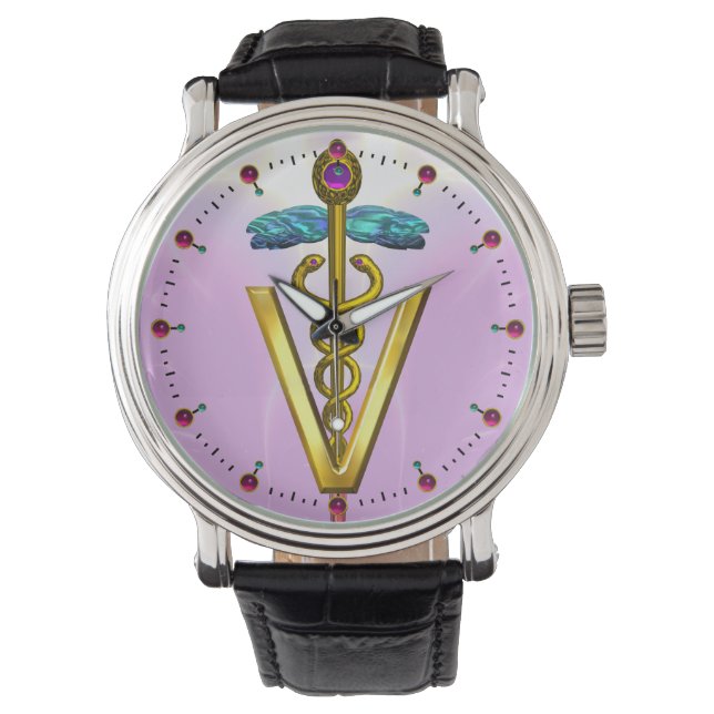 GOLDEN CADUCEUS VETERINAIR SYMBOOL / Roze, Lila Horloge (Voorkant)
