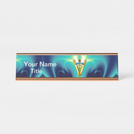 GOLDEN CADUCEUS VETERINARY SYMBOL Blue Turquoise Bureau Naambordje (Voorkant)