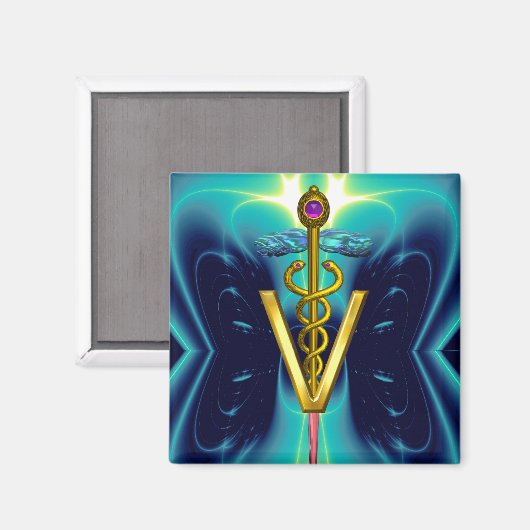 GOLDEN CADUCEUS VETERINARY SYMBOL Blue Turquoise Magneet (Voorkant / Achterkant)