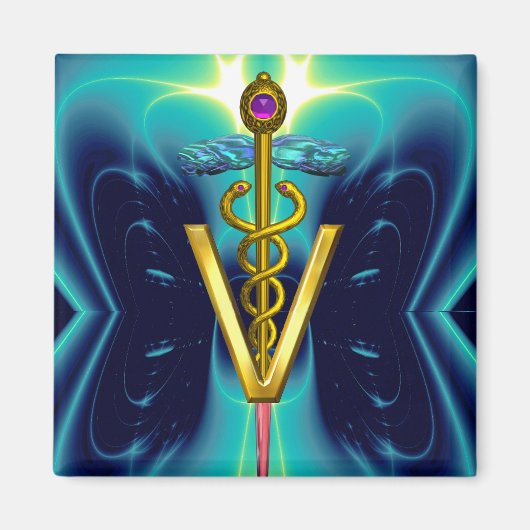 GOLDEN CADUCEUS VETERINARY SYMBOL Blue Turquoise Magneet (Voorkant)