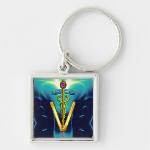 GOLDEN CADUCEUS VETERINARY SYMBOL Blue Turquoise Sleutelhanger
