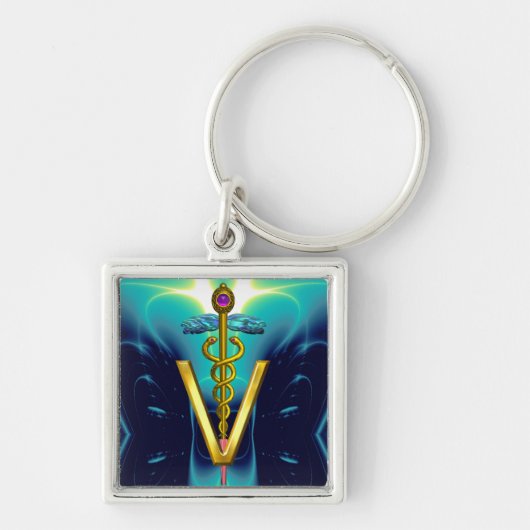 GOLDEN CADUCEUS VETERINARY SYMBOL Blue Turquoise Sleutelhanger (Voorkant)