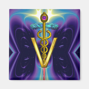 GOLDEN CADUCEUS VETERINARY SYMBOL / Purple Blue Magneet