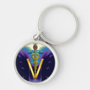 GOLDEN CADUCEUS VETERINARY SYMBOL Purple Blue Sleutelhanger