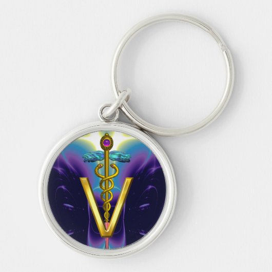 GOLDEN CADUCEUS VETERINARY SYMBOL Purple Blue Sleutelhanger (Voorkant)