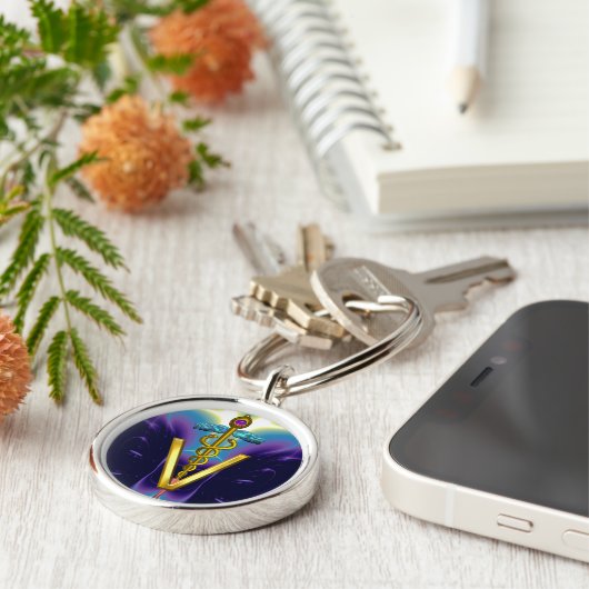 GOLDEN CADUCEUS VETERINARY SYMBOL Purple Blue Sleutelhanger (Zijkant)