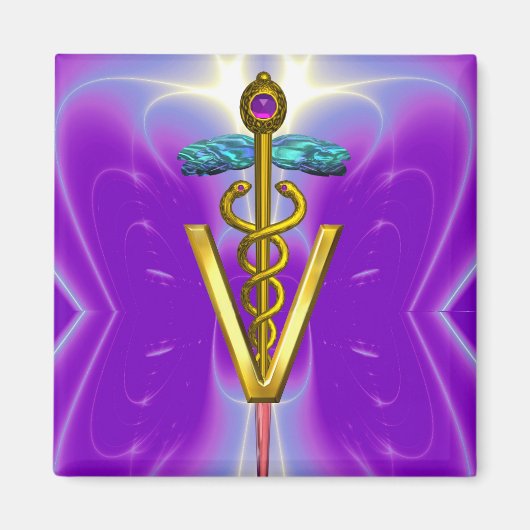 GOLDEN CADUCEUS VETERINARY SYMBOL Purple Teal Blue Magneet (Voorkant)