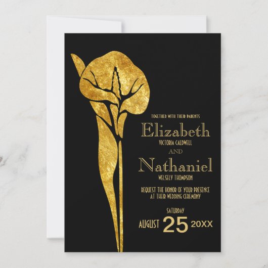 Golden Calla Lily 1920 Art Deco Wedding Invitation Kaart (Voorkant)
