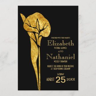 Golden Calla Lily 1920 Art Deco Wedding Invitation Kaart