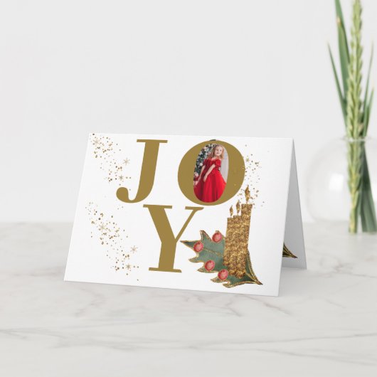 Golden Candles Holly Berries Joy kerstfoto Feestdagen Kaart (Voorkant)