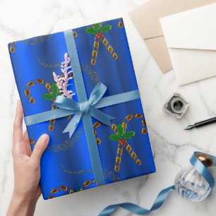 Golden Candy Canes op blauw kerstfeest Cadeaupapier