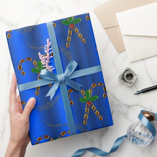 Golden Candy Canes op blauw kerstfeest Cadeaupapier (Geschenken)
