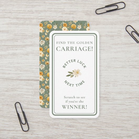 Golden Carriage Scratch-Off Sage Green Non-Winner Visitekaartje (Voorkant / Achterkant in situ)