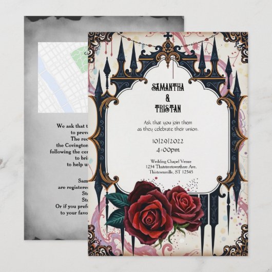 Golden Castle en Rozen Gotische bruiloft Kaart (Voorkant / Achterkant)