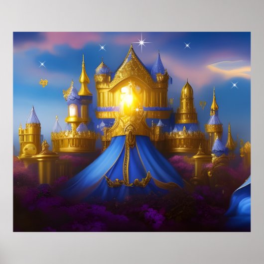 Golden Castle goudblauwe fantasie magisch Poster (Voorkant)