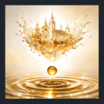 Golden Cathedral Liquid Splash Poster<br><div class="desc">Witness the majestic intersection of faith and fluid motion in this "Liquid Alchemy" masterpiece. A soaring, intricate cathedral silhouette rises from a high-velocity splash of shimmering gold nectar, suspended above deep, rhythmic ripples. Rendered in stunning 8K ultra-high definition, every spire and architectural detail is captured with razor-sharp clarity, ensuring professional...</div>
