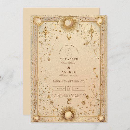 Golden Celestial Baroque Wedding Kaart (Voorkant / Achterkant)