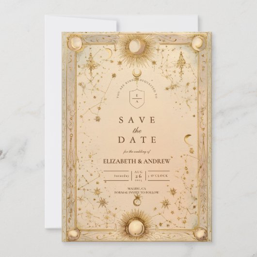 Golden Celestial Baroque Wedding Save The Date (Voorkant)