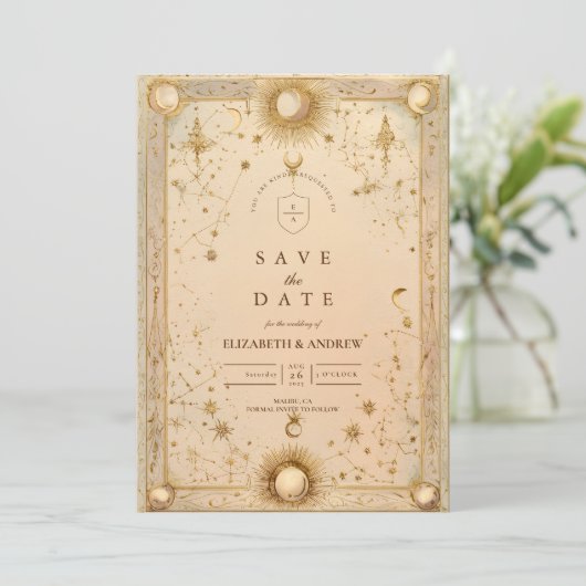 Golden Celestial Baroque Wedding Save The Date (Staand voorkant)