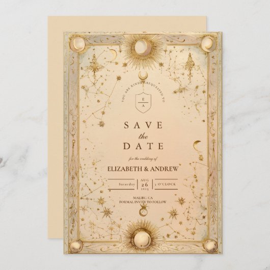 Golden Celestial Baroque Wedding Save The Date (Voorkant / Achterkant)